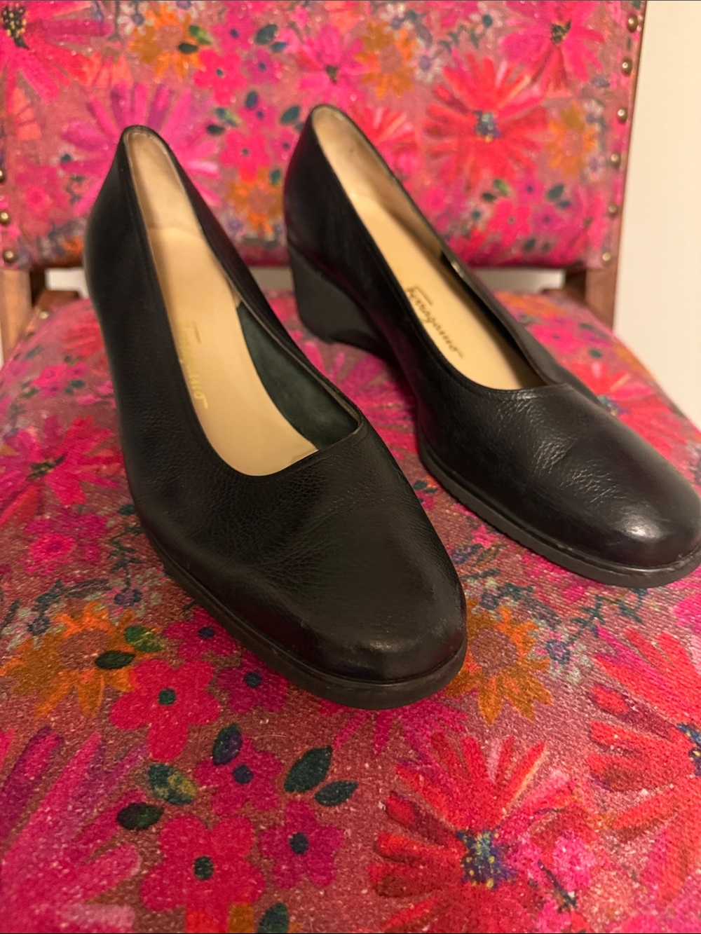 Salvatore Ferragamo Black Leather Round-Toe Wedge 9C